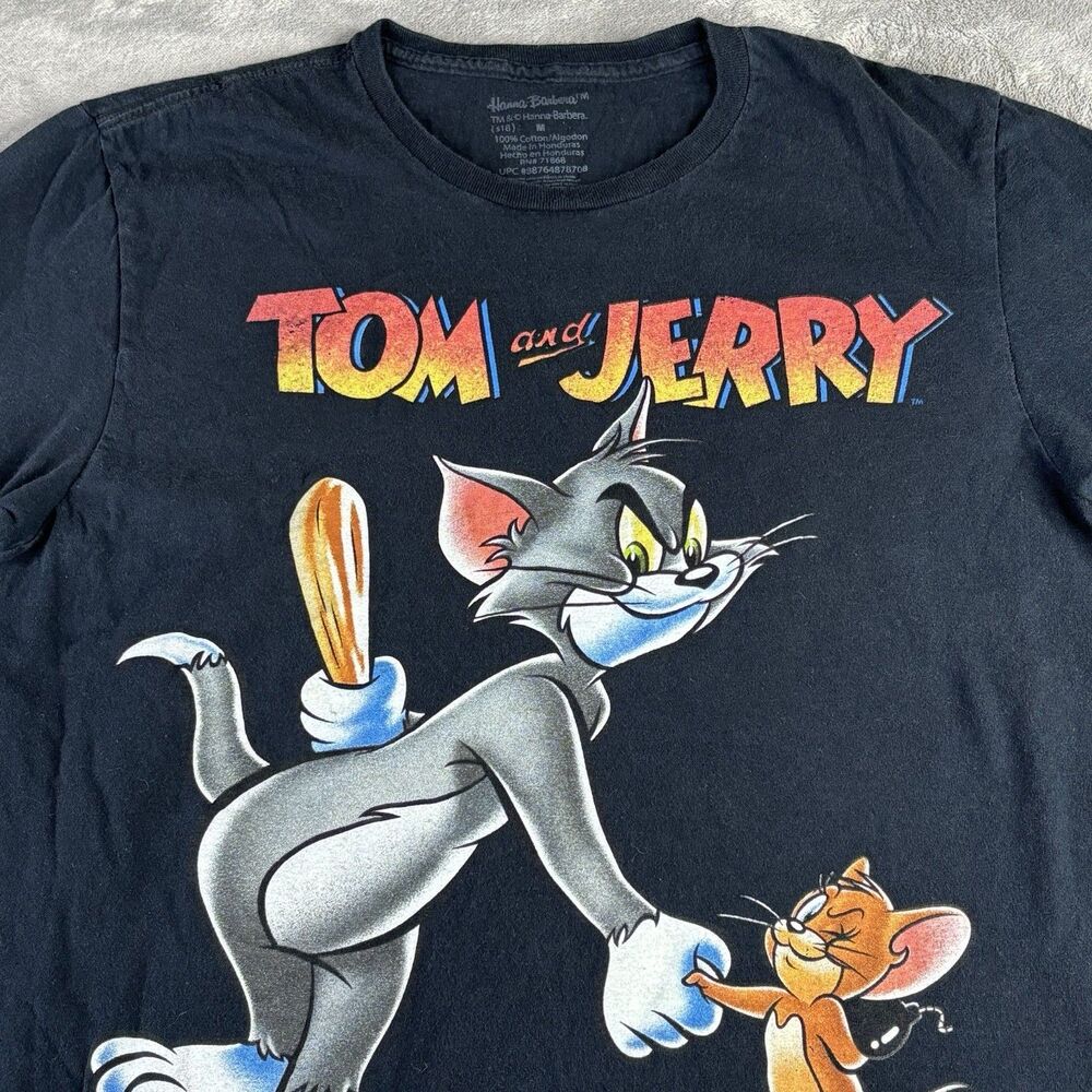 Tom & Jerry Shirt Adult Medium  Hanna Barbera Black‎ Graphic Short Sleeve Cotton